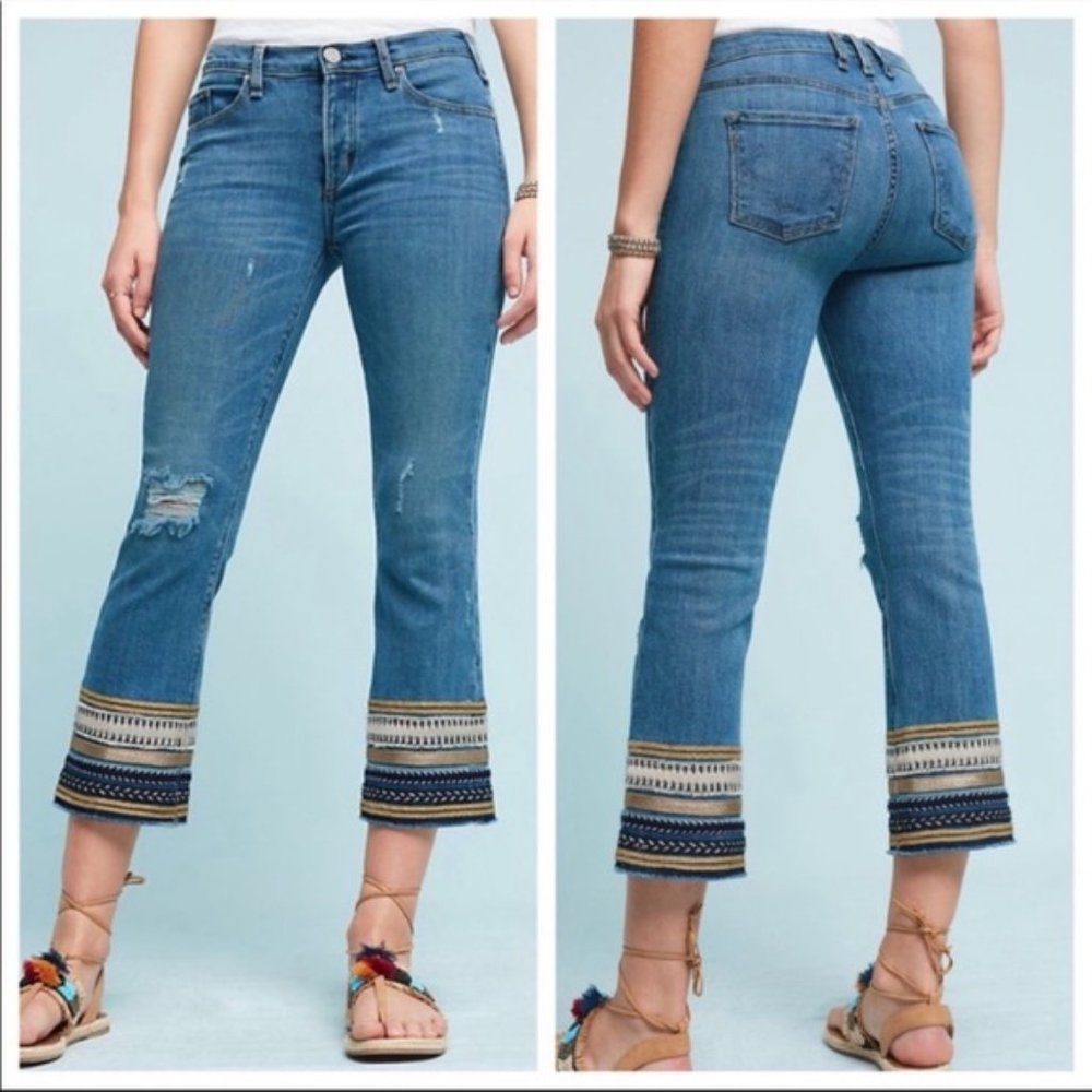 MCGUIRE DENIM embellished embroidered raw hem distressed cropped denim jeans USA